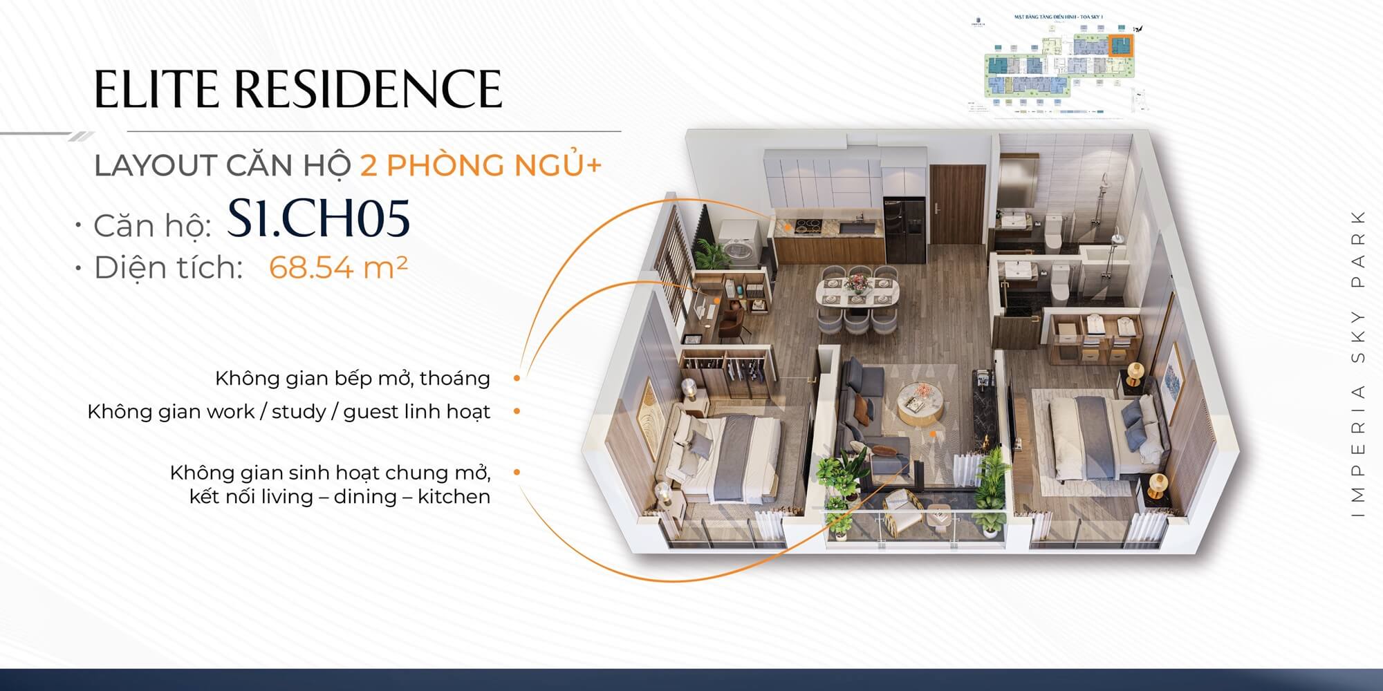 thiết kế căn hộ 2 phòng ngủ+ imperia sky park nam an khánh