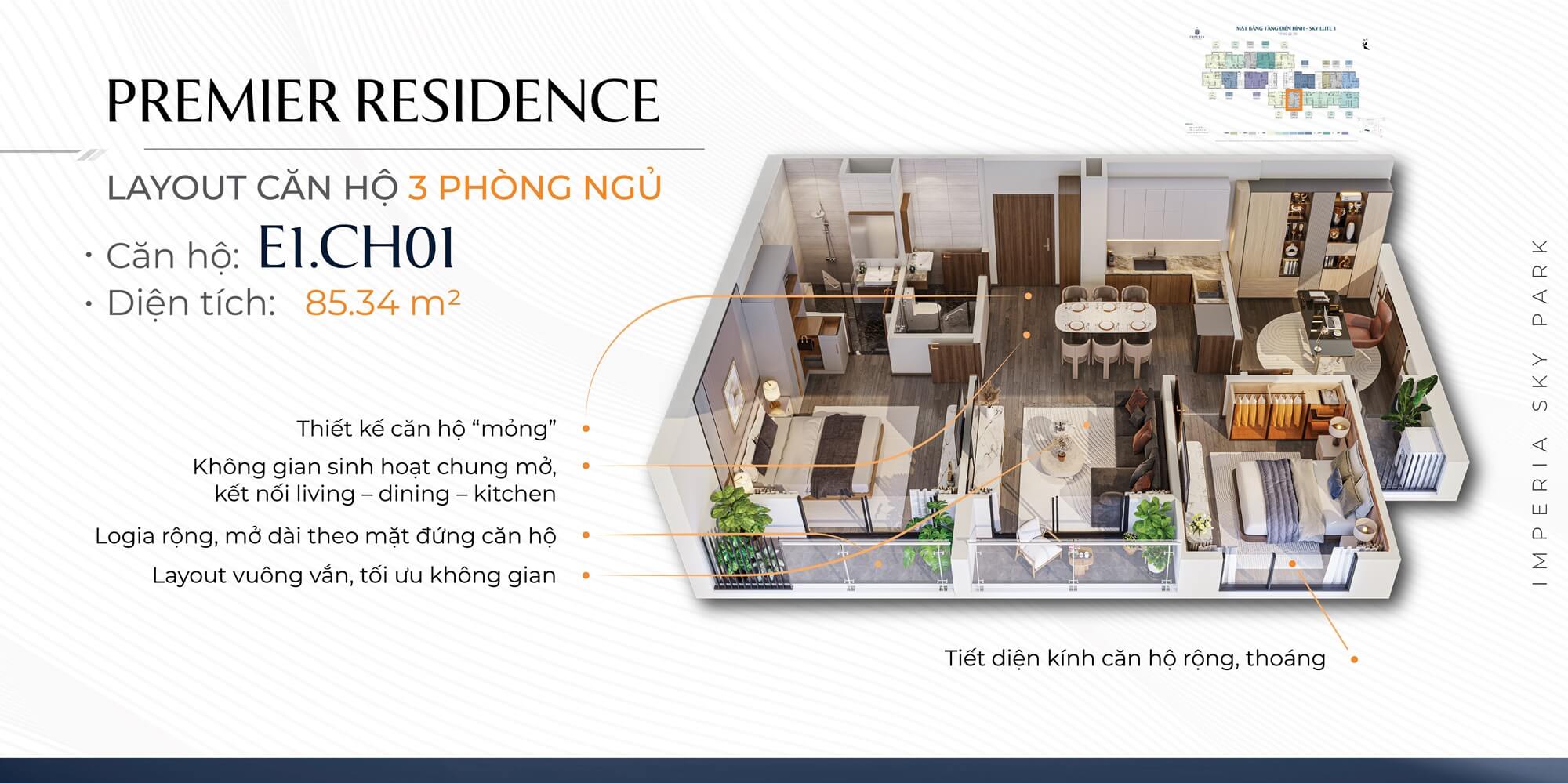 thiết kế căn hộ 3 phòng ngủ imperia sky park nam an khánh